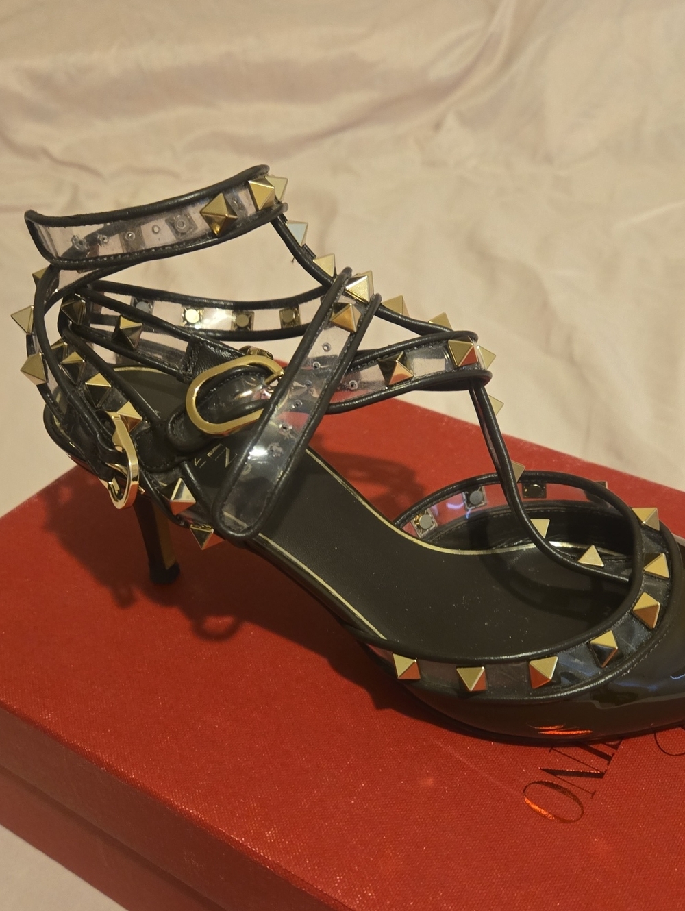Valentino Garavani Black Patent Studded Strappy Heel with Gold Studs